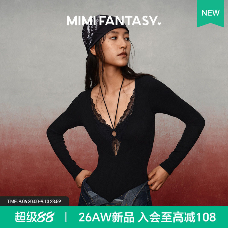 MIMI FANTASY性感深V绑带连体衣 秋冬蕾丝边免穿文胸镂空显瘦上衣