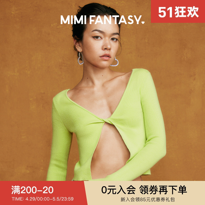 MIMI FANTASY辣妹V领短款秋季针织衫2023新款女长袖薄款打底上衣 女装/女士精品 毛针织衫 原图主图