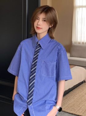 Ja1从不熬夜 美式覆古假领带高级感高智短袖衬衫男女格子衬衣