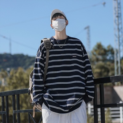 港风日系条纹长袖t恤潮牌痞帅炸街男春秋季打底衫ins潮流高街