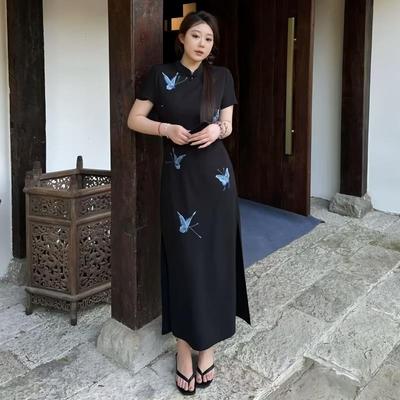 大码女装复古国风新中式蝴蝶刺绣连衣裙夏季胖mm显瘦改良版旗袍裙