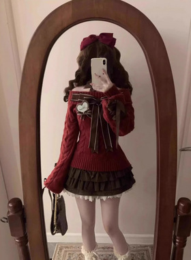 圣诞节穿搭别致绝美小个子穿搭甜辣妹红色毛衣蛋糕蓬蓬裙两件套装