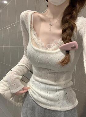 实拍 秋冬韩版设计感方领镂空针织衫修身叠穿长袖打底上衣女87746