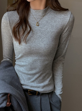 灰色仿羊绒立领针织打底衫女内搭秋冬季正肩t恤高级感可外穿上衣