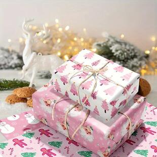 12pcs Pink Christmas Gift Packaging Gift Decoration Paper, S