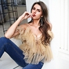 Simplee V neck strap boho mesh blouse shirt women Ruffle sho