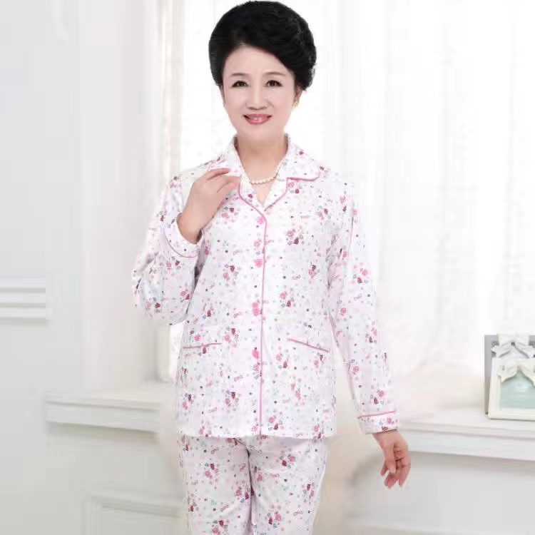 中老年人薄款睡衣睡裤两件套婆婆开衫空调服妈妈纯棉长袖女装夏秋