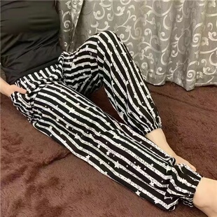 纯棉绸老人防蚊长裤 夏季 老太太收脚束口空调裤 女宽松大码 奶奶睡裤