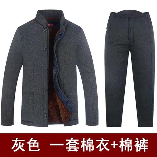 爷爷驼绒棉袄棉裤开门襟爸爸冬季加厚款睡衣男老人两件套棉衣棉服