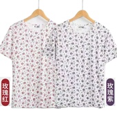 老人圆领套头衫 老太太莫代尔棉弹力夏装 上衣女装 奶奶简约印花短袖