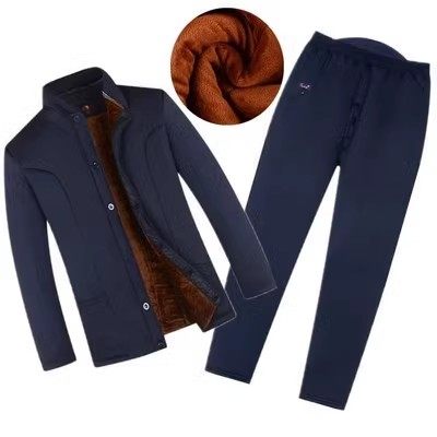 爷爷冬季棉衣棉裤家居服爸爸加厚驼绒睡衣男老年人棉袄开衫开裆口