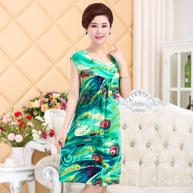夏季妈妈薄款睡裙纯棉绸中年妇女无袖睡衣连衣裙透气凉快阿姨裙子