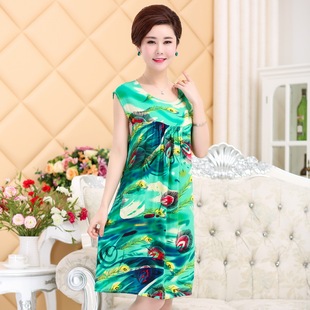 夏季妈妈薄款睡裙纯棉绸中年妇女无袖睡衣连衣裙透气凉快阿姨裙子