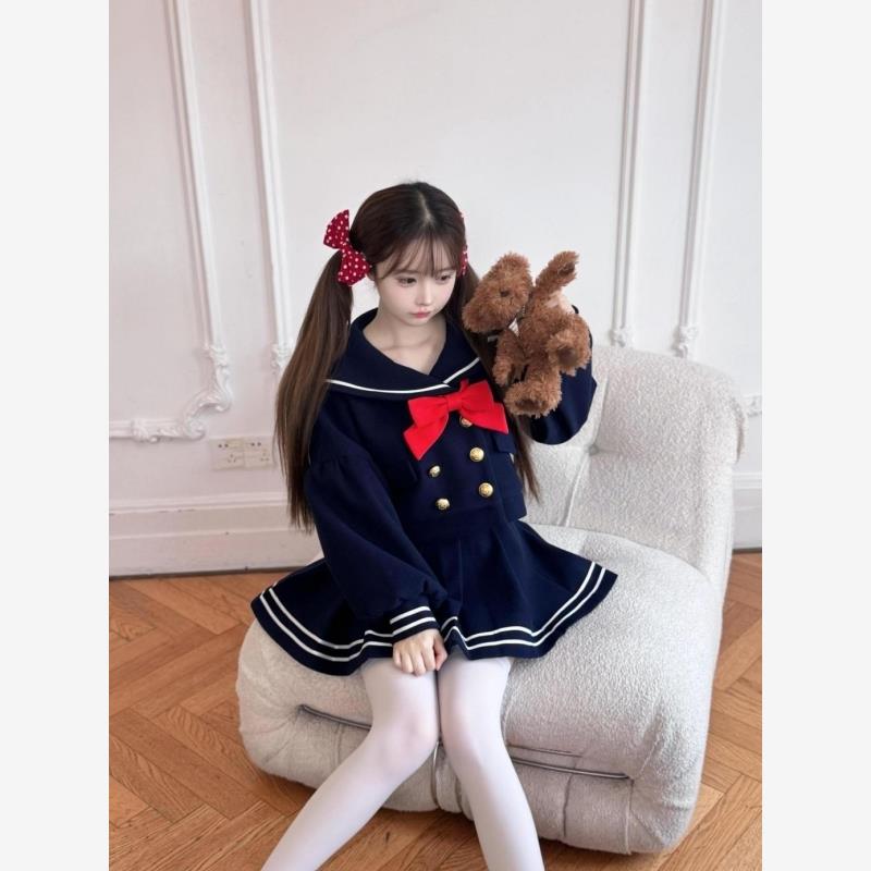 学院风甜美软萌制服套装海军领双排扣设计上衣收腰百褶裙两件套女