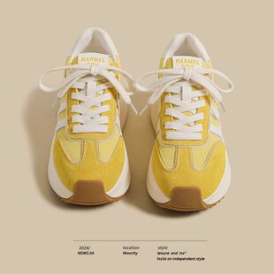 华夫条纹小个子百搭厚底德训运动老爹鞋 黄色阿甘鞋 新款 春季 女爆款