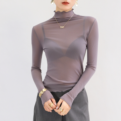 高领蕾丝网纱打底衫女高端高级感