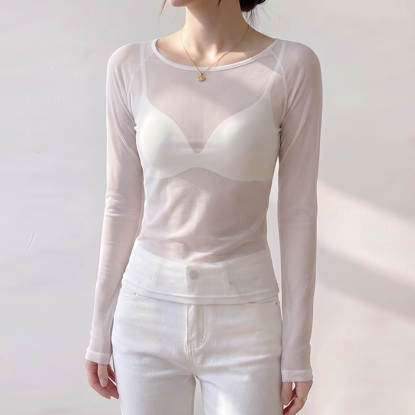白色圆领网纱打底衫女薄款透视图片