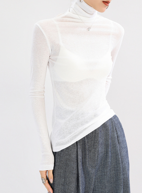 白色高领打底衫女高级感薄款修身长袖内搭堆堆领透明网纱蕾丝上衣