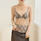 t恤薄 可外穿半高领网纱长袖 蕾丝上衣女轻奢高级感修身 内搭打底衫