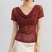 t恤 一字肩短袖 红色荡领高级感上衣女2026超火新款 高质量绝美修身