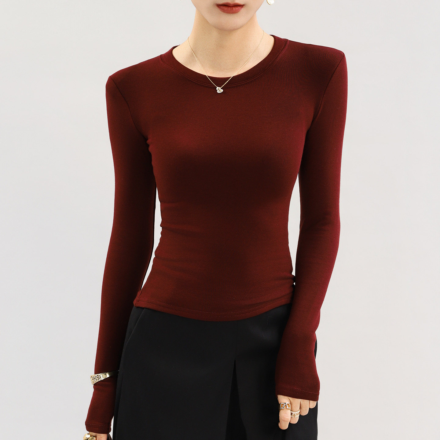 红色高级感垫肩加绒打底衫女独特漂亮高级感磨毛保暖长袖内搭上衣,女装/女士精品,T恤,淘宝优惠券,粉丝福利购,淘宝优惠卷