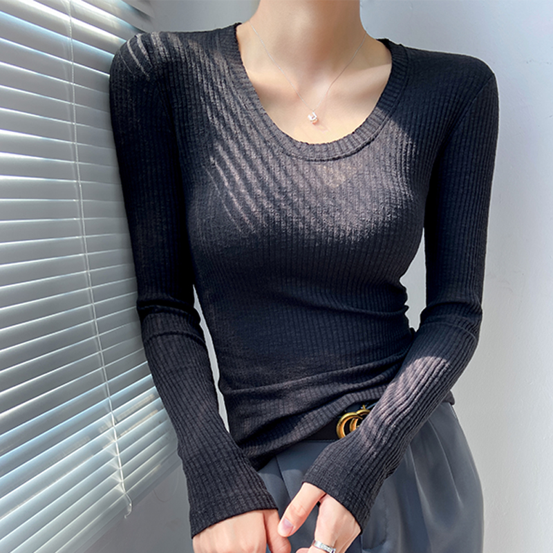u领黑色长袖t恤女修身内搭薄款