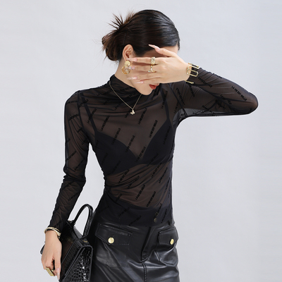 蕾丝打底衫女内搭黑色透明网纱