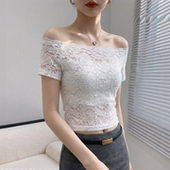 白色一字肩上衣高级感独特漂亮设计感露肩修身 t恤女 蕾丝网纱短袖
