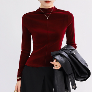 金丝绒半高领打底衫女红色内搭长袖修身高贵洋气上衣轻奢高级感薄
