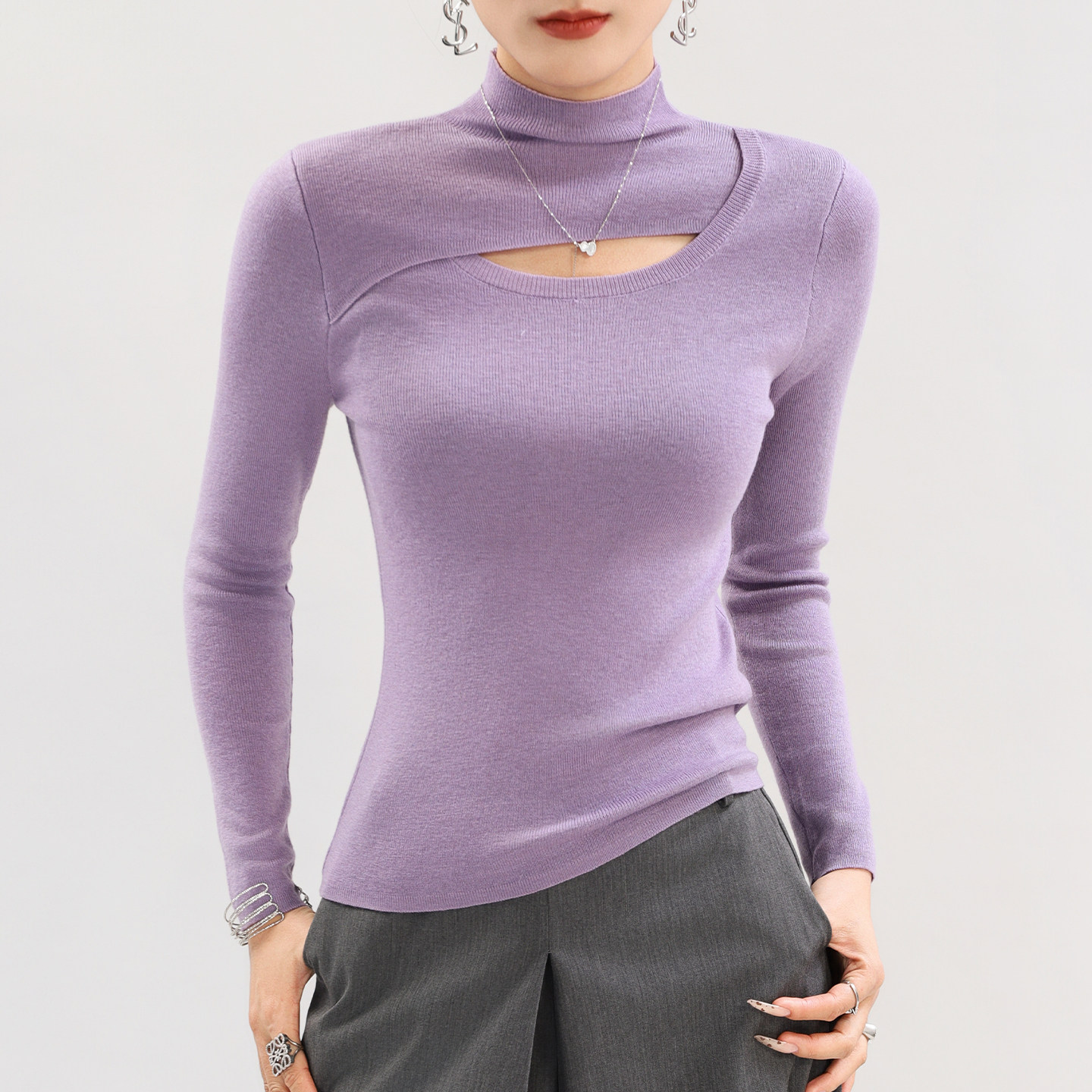 半高领紫色羊毛针织衫高级感
