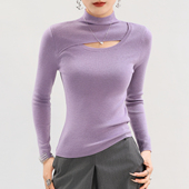 半高领紫色羊毛针织衫 高级感超好看镂空修身 内搭高质量软糯毛衣冬
