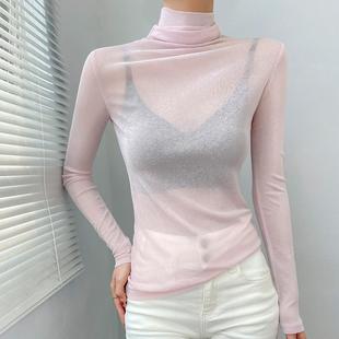 樱花粉色高领超好看温柔上衣薄款微透可外穿打底衫秋冬内搭高级感