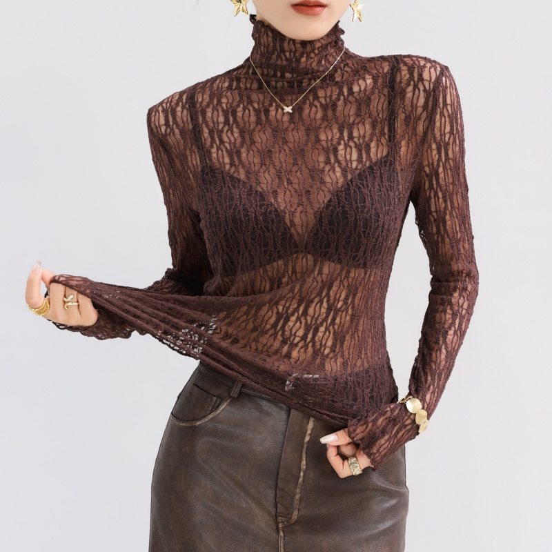 咖色高领蕾丝花边内搭打底衫修身