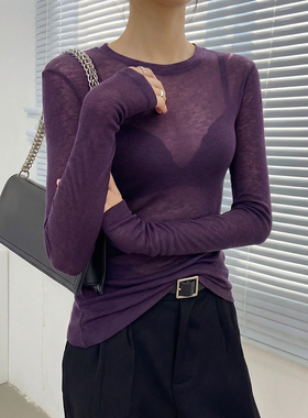 超好看内搭打底衫女可外穿时尚洋气紫色绝美微透修身上衣高级感薄