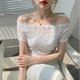 短袖 超好看蕾丝薄款 小衫 白色高级感一字肩上衣女独特漂亮绝美修身