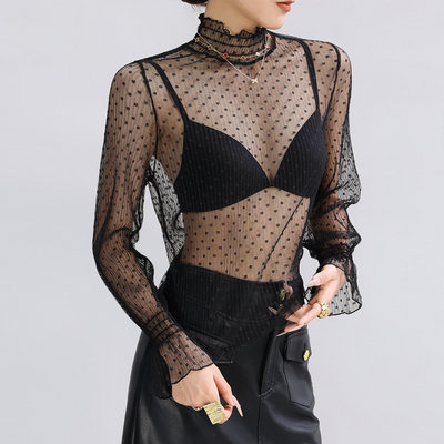 蕾丝打底衫女内搭高领黑色波点