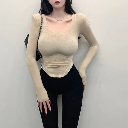 u领修身t恤女超低深u纯欲风上衣