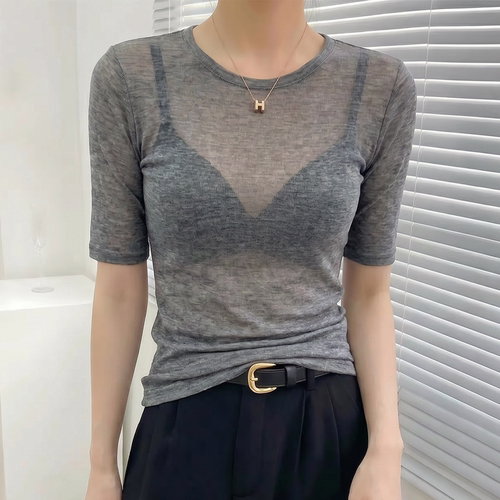 灰色圆领中袖女t恤夏季轻薄半袖