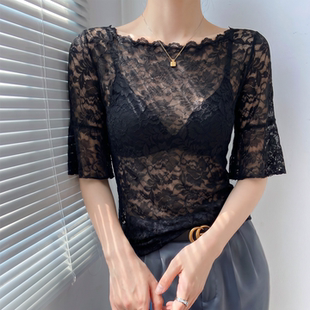 黑色喇叭袖蕾丝上衣女夏季高级感花边一字领薄款修身正肩中袖t恤