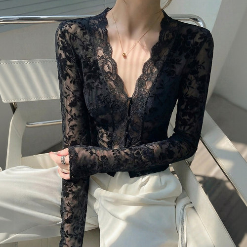 黑色深v低领花边蕾丝上衣女性感