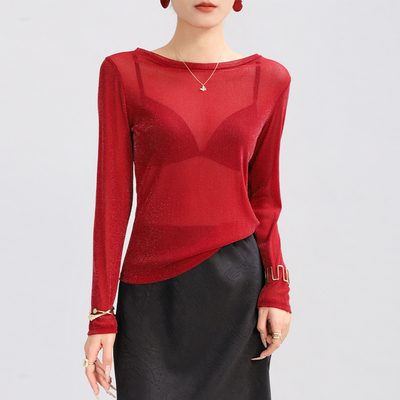红色圆领网纱修身上衣高级感薄