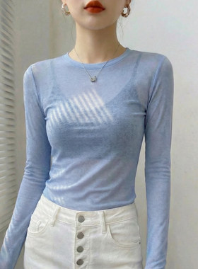 蓝色圆领打底衫女高级感微透上衣