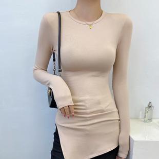杏色圆领中长款打底衫女遮屁股收腰内搭紧身配鲨鱼裤的上衣高级感