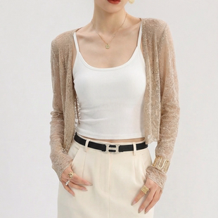 网纱卡其上衣高级感 外套女薄纱配吊带小外搭长袖 蕾丝防晒开衫 罩衫