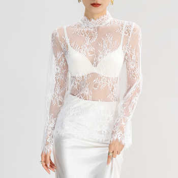 半高领白色蕾丝网纱打底衫内搭
