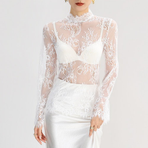 半高领白色蕾丝网纱打底衫内搭