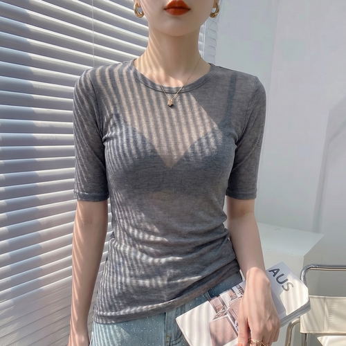 灰色薄款微透半袖女2026新款夏季