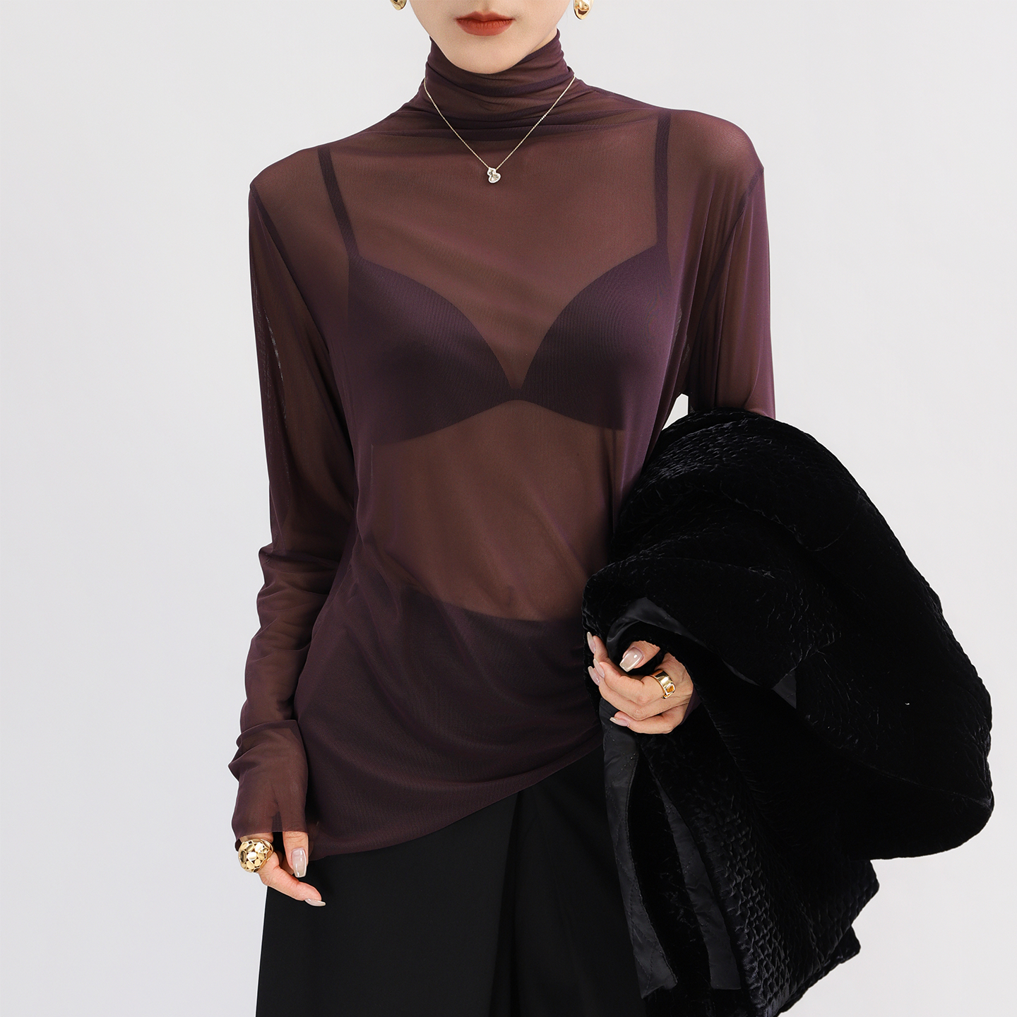 高领紫色网纱打底衫女内搭慵懒感宽松薄纱长袖透明上衣轻奢高级感,女装/女士精品,蕾丝衫/雪纺衫,淘宝优惠券,粉丝福利购,淘宝优惠卷