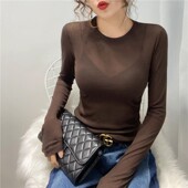 网纱内搭长袖 咖色圆领打底衫 女2025新款 薄纱透视t恤薄上衣高级感
