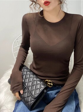 咖色圆领打底衫女2025新款网纱内搭长袖薄纱透视t恤薄上衣高级感